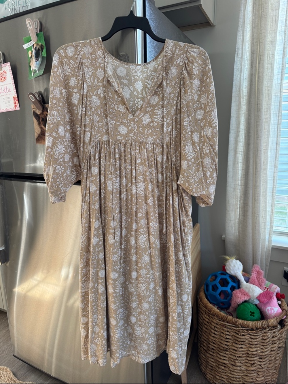 Floral Tan and White Summer Smock Dress XL